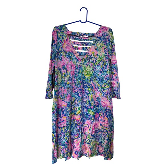 Lilly‎ Pulitzer Elana Shift Dress Pink Blue Green Pattern 3/4 Sleeve Size L - Picture 2 of 3
